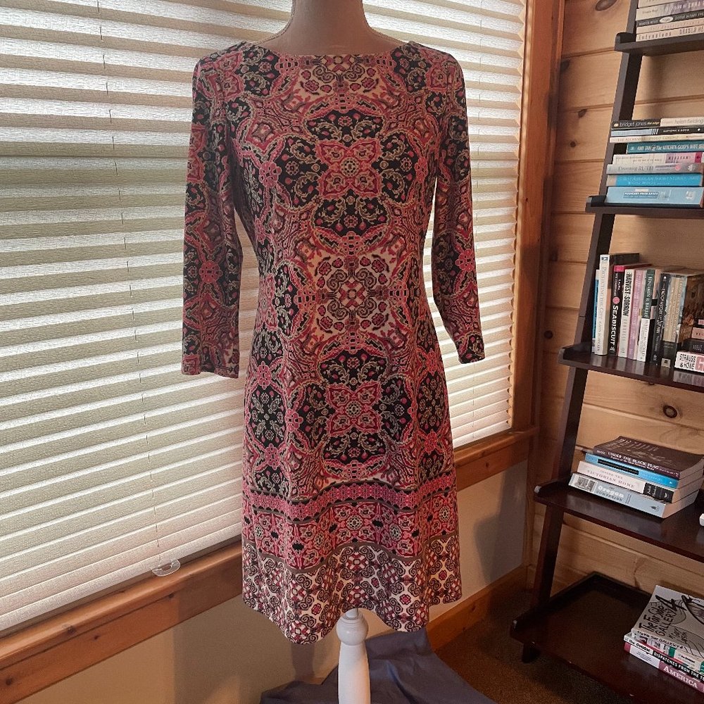Wisp Patterned Sheath Dress 3/4 Sleeves Size 4